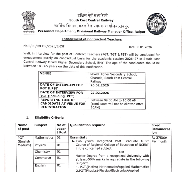 SECR Railway Teacher Vacancy 2026: बिना परीक्षा रेलवे स्कूल में शिक्षक बनने का मौका, Check Eligibility & Salary
